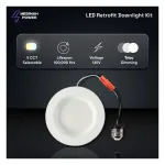 Medinah Power RDLR6-12W-CCT-DV1-NA-F-WH E26 Retrofit Downlight, 6", 5 CCT Selectable