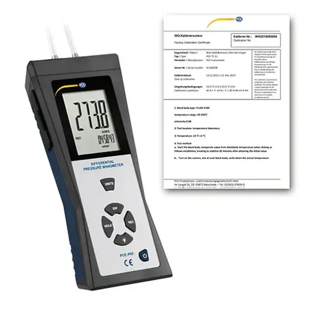 PCE Instruments PCE-P05-ICA Portable Handheld Manometer Measures Differential Pressure incl. ISO Calibration Certificate