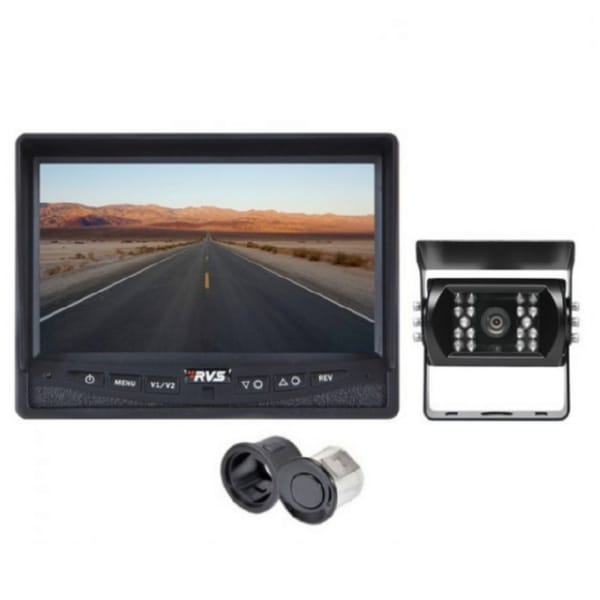 Rear View Safety RVS-770613-NM-112-11 Backup Camera System with Integrated Rear Sensors 9" QV Display, 1 x Backup Camera, Both Side Cameras, 66' Cable, 2 x 33' Cables
