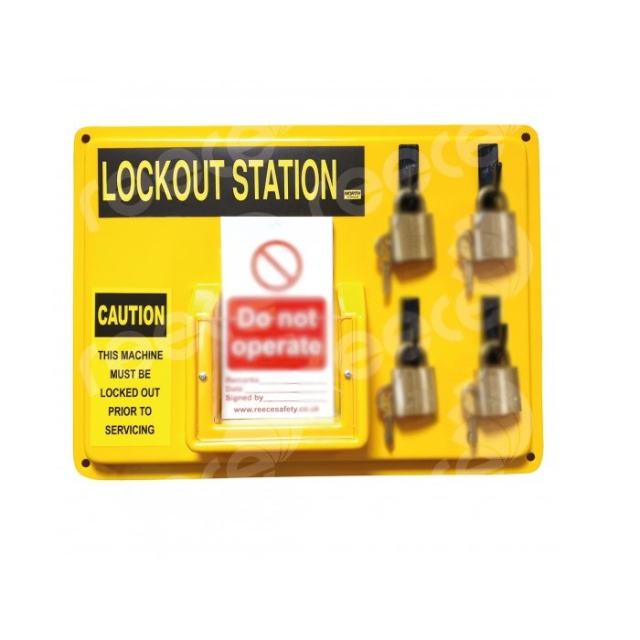 Reece Safety LSE103 4 Hook Thermoformed Yellow Lockout Station with Tag Pocket