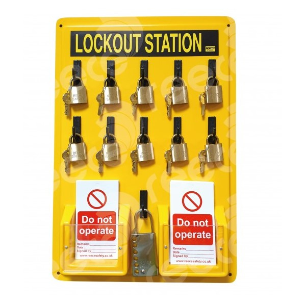 Reece Safety LSE105TT 11 Hook Thermoformed Yellow Lockout Station with 10 x TT38Red, MLH5 & 2 x Pack RLTT50 Tags