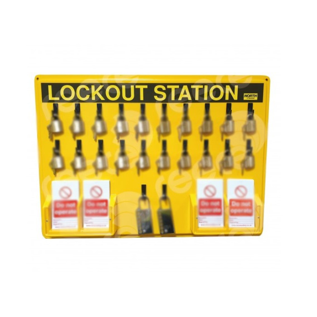 Reece Safety LSE106 22 Hook Thermoformed Yellow Lockout Station with 4 Tag Pockets