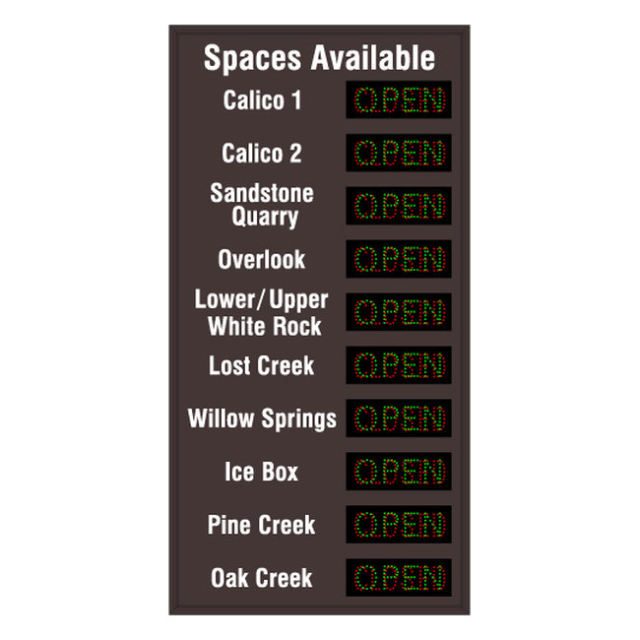 Signal-Tech 59006 LPS9649GR-10-P071/120-277VAC "Spaces Available Calico 1-2 Sandstone Quarry Overlook Lower/Upper White Rock Lost Creek Willow Springs...| OPEN | CLOSED" LED Panel Sign