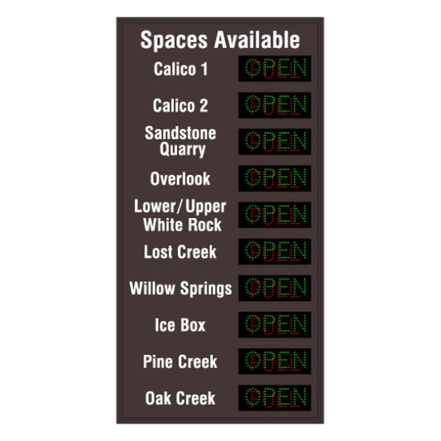 Signal-Tech 59070 LPS9649GR-10-P086/120-277VAC "Spaces Available Calico 1-2 Sandstone Quarry Overlook Lower/Upper White Rock Lost Creek Willow Springs...| OPEN | FULL" LED Panel Sign