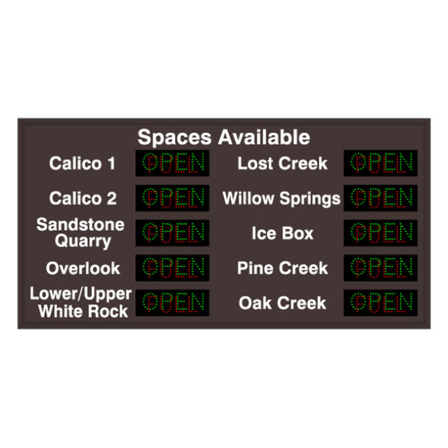 Signal-Tech 59071 LPS4996GR-10-P086/120-277VAC "Spaces Available Calico 1-2 Sandstone Quarry Overlook Lower/Upper White Rock Lost Creek Willow Springs...| OPEN | FULL" LED Panel Sign