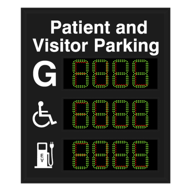 Signal-Tech 59943 S-SA4740GR-03-P277/120-277VAC "Smart Sign Patient and Visitor Parking G Handicap Symbol EV Symbol | 4-Digit Seven Segment w/ FULL" Space Available Sign